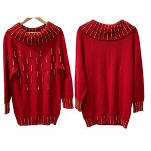 80’s Vintage Victoria Harbour Red Wide Neckline Beaded Sweater Size Medium